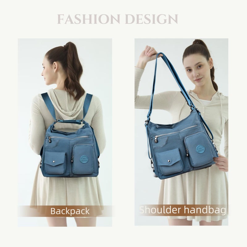 Dora & Liz Multipurpose Hobo Purse for Women with Antitheft RFID, Waterproof Nylon Crossbody Bag Shoulder Handbag, Convertible Backpack Pale Blue Large - Image 2